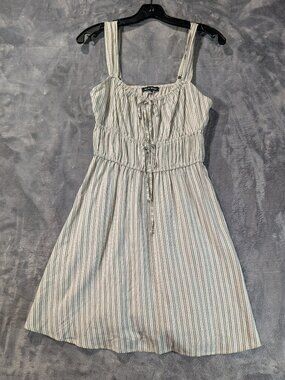 Coastal Linen Rayon Striped Tie Front Sundress Small Green Natural - As U Wish
